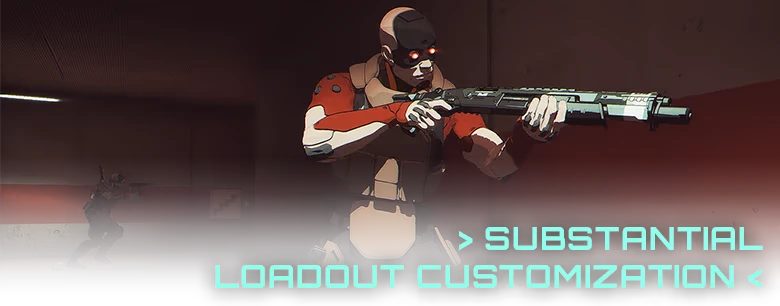 Loadout Customization – Out of Action Out of Action: Armored character with glowing eyes aims rifle; text reads "Substantial Loadout Customization".