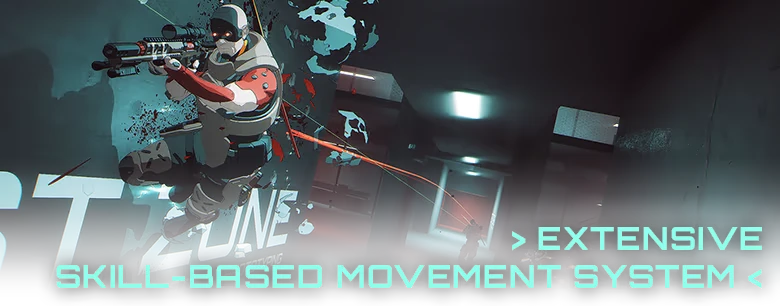 Skill Based Action – Out of Action Out of Action: Soldier with sniper rifle leaps in dark corridor; text reads "EXTENSIVE SKILL-BASED MOVEMENT SYSTEM".