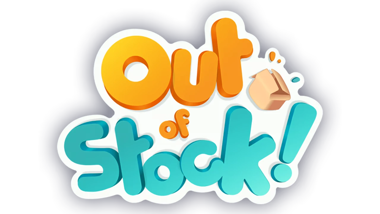 Out of Stock!: Colorful 3D text logo with a cardboard box and splash accents on a dark background.