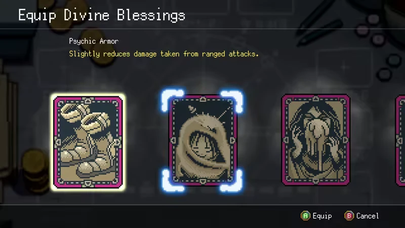 Outrider Mako: UI shows "Equip Divine Blessings" with cards, one highlighted, text "Psychic Armor."