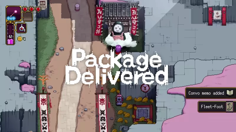 Outrider Mako: Top-down view of a character delivering a package with "Package Delivered" text.