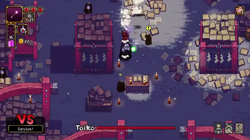 Outrider Mako: Mako jumps on a black creature, surrounded by books and candles, with "VS Survive!" text.