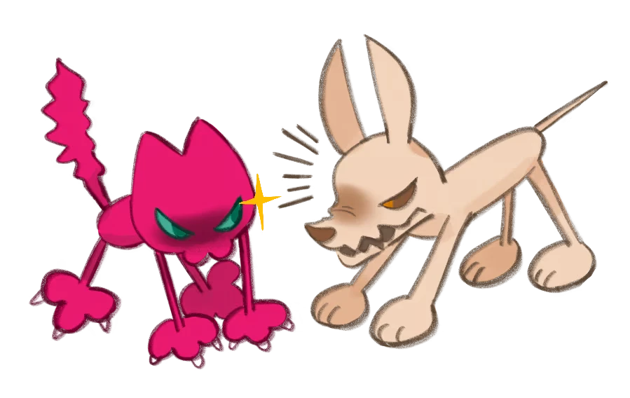 Overdawn: Pink cat and beige rabbit crouch, snarling, with yellow sparkle and lines.
