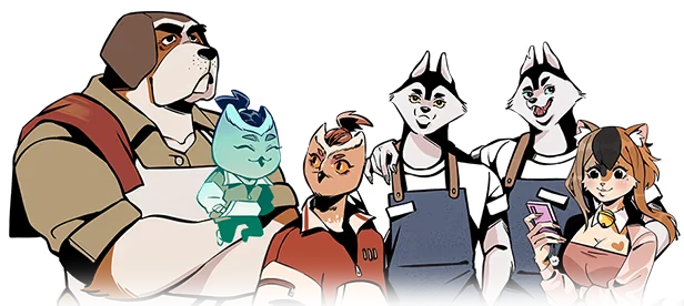 Animal Crew – Overhours Overhours: Anthropomorphic characters, including a dog, owl, and cat, in casual attire.