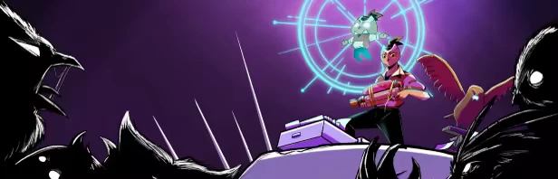 Night Owl Defender – Overhours Overhours: Character with a weapon faces dark creatures, holographic circle in the background.