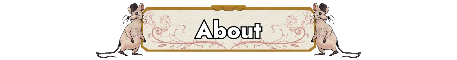 Paccarat: Two cartoon rats flank a banner with "About" in bold black text on a decorative background.