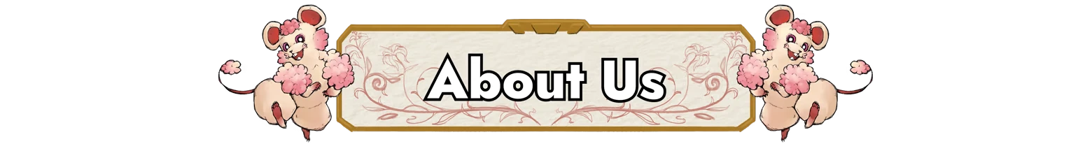 Paccarat: "About Us" text with pink fluffy rats on a decorative banner.