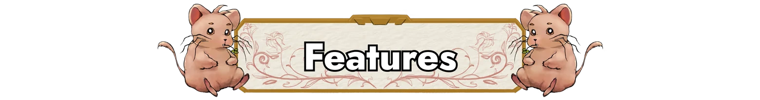 Paccarat: Two cartoon rats flank a banner with "Features" in bold, black text on a floral background.