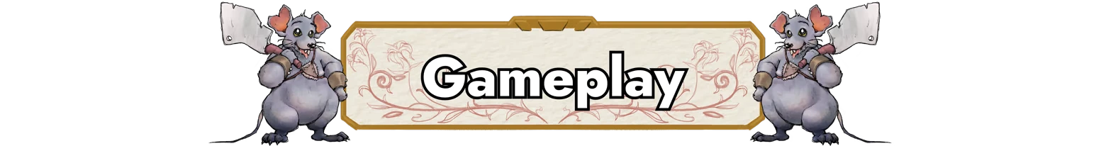 Paccarat: Two armored rats with cleavers flank a banner reading "Gameplay" in bold, ornate text.