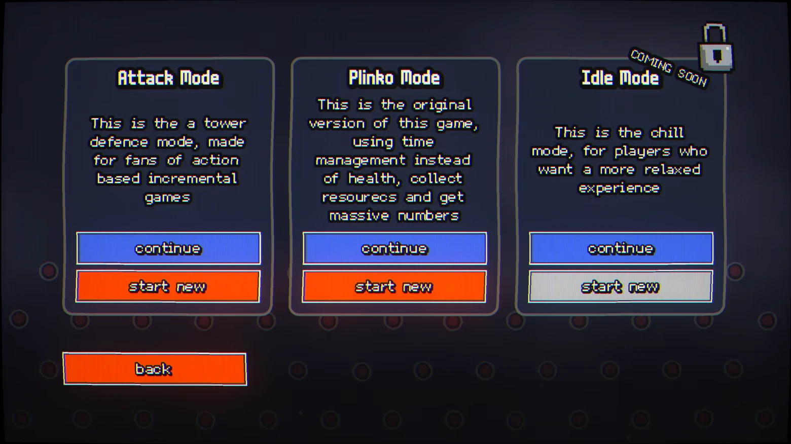 Pachincro: Three game modes displayed: Attack, Plinko, and Idle. Buttons for continue and start new.