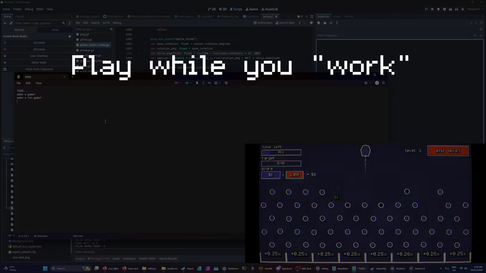 Pachincro: Pixelated text "Play while you 'work'" over a coding interface and game UI inset.