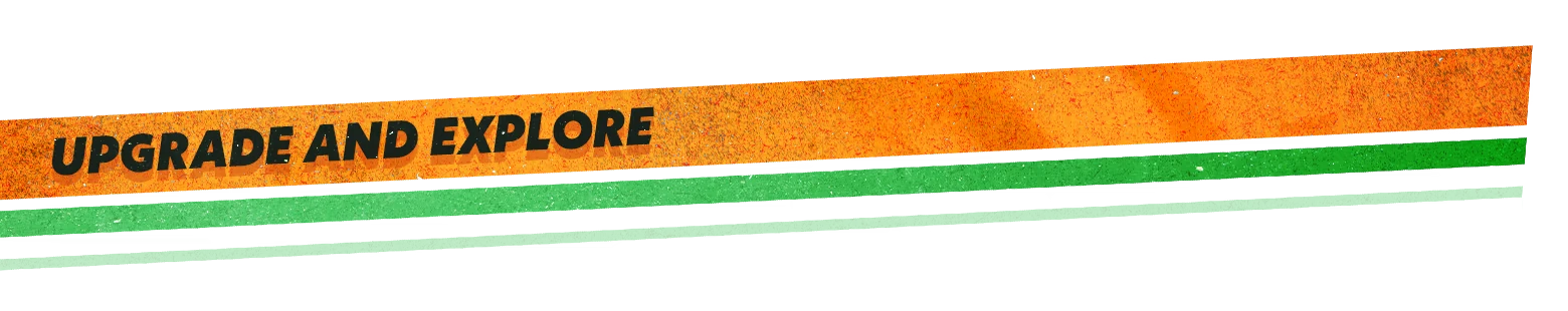 Upgrade Explore – PACS - Post Apocalypse Courier Service: Co-op Delivery Simulator PACS - Post Apocalypse Courier Service: Bold text "UPGRADE AND EXPLORE" on orange and green stripes.