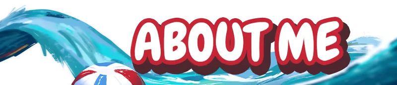 Paddle Paddle Paddle: Bold red "ABOUT ME" text with a beach ball and ocean wave background.