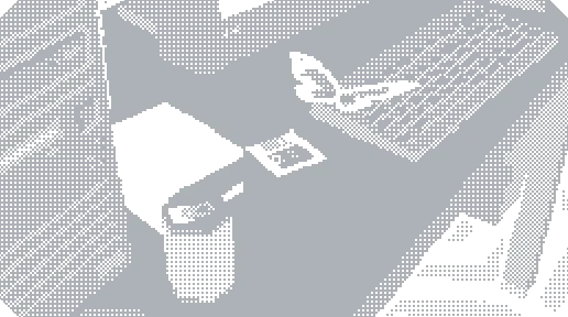 PAGER: A 1-bit desk scene with a pager, coffee cup, and pen on a textured surface.