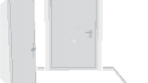 PAGER: Gray pixelated door with a small handle, surrounded by dark walls and a tiled floor.