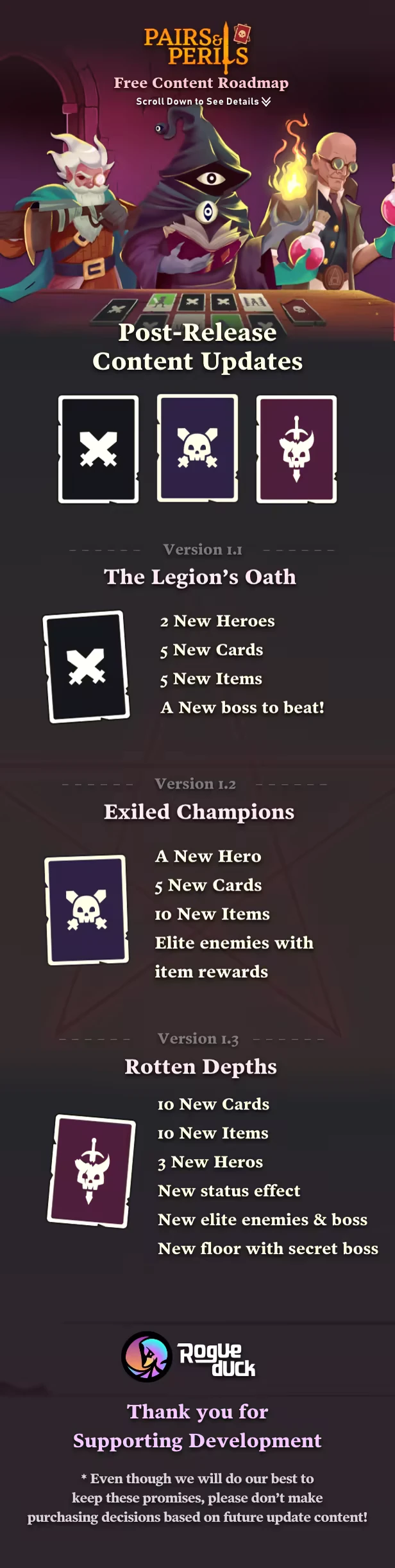 Content Roadmap – Pairs & Perils Pairs & Perils: Three characters stand by a table with cards, showing post-release updates.