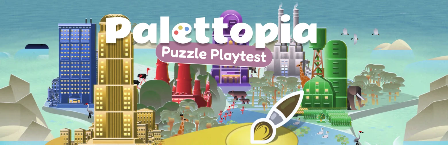 Puzzle Playtest Banner – Palettopia Palettopia: Title text “Palettopia” and “Puzzle Playtest” over colorful cityscape.