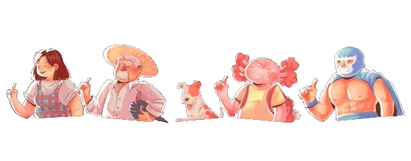 PancitoMerge: Five cartoon characters, including a dog and a masked wrestler, raising fingers.
