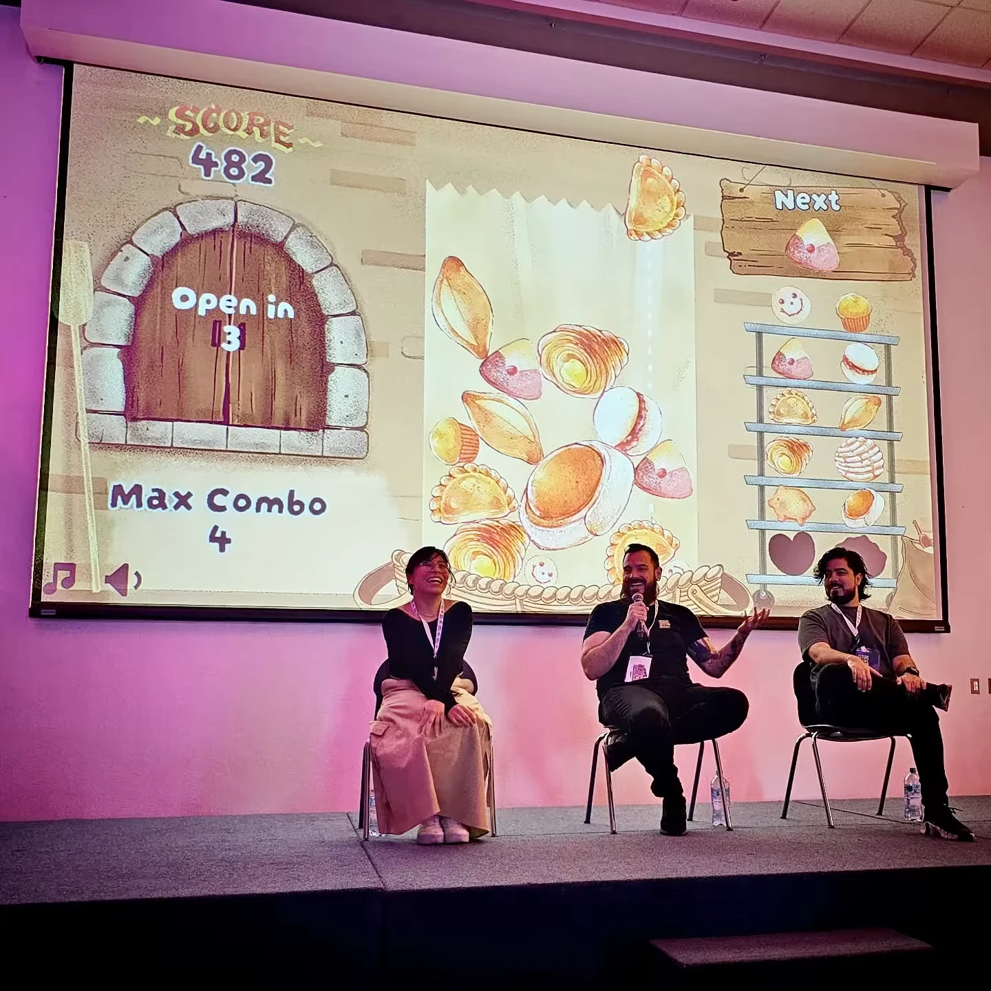 PancitoMerge: Game screen with pastries, score 482, "Open in 13," and "Max Combo 4" text.