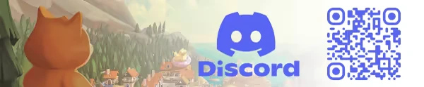 Pao Pao: Orange cat overlooks village; Discord logo and QR code on right against a forest backdrop.