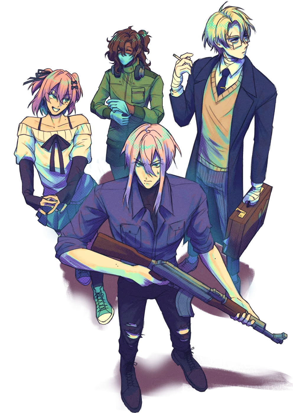 Paranormal Research Society: Four illustrated characters; one crouches with rifle, one holds briefcase.