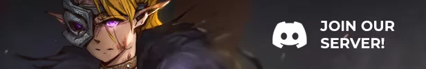 Paraside: Elf with purple eyes and metal mask, Discord logo, text "JOIN OUR SERVER!"