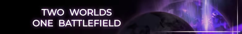 Paraside: "TWO WORLDS ONE BATTLEFIELD" text in glowing white over a dark, cosmic background.