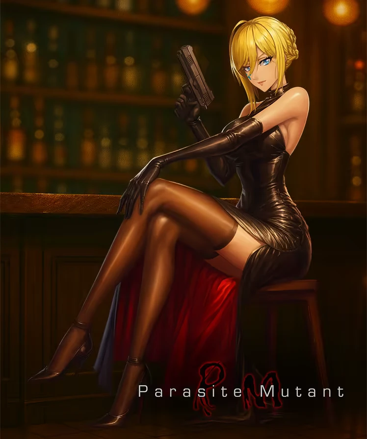 Parasite Mutant: Blonde woman in black dress with a gun, sitting in a dimly lit bar.