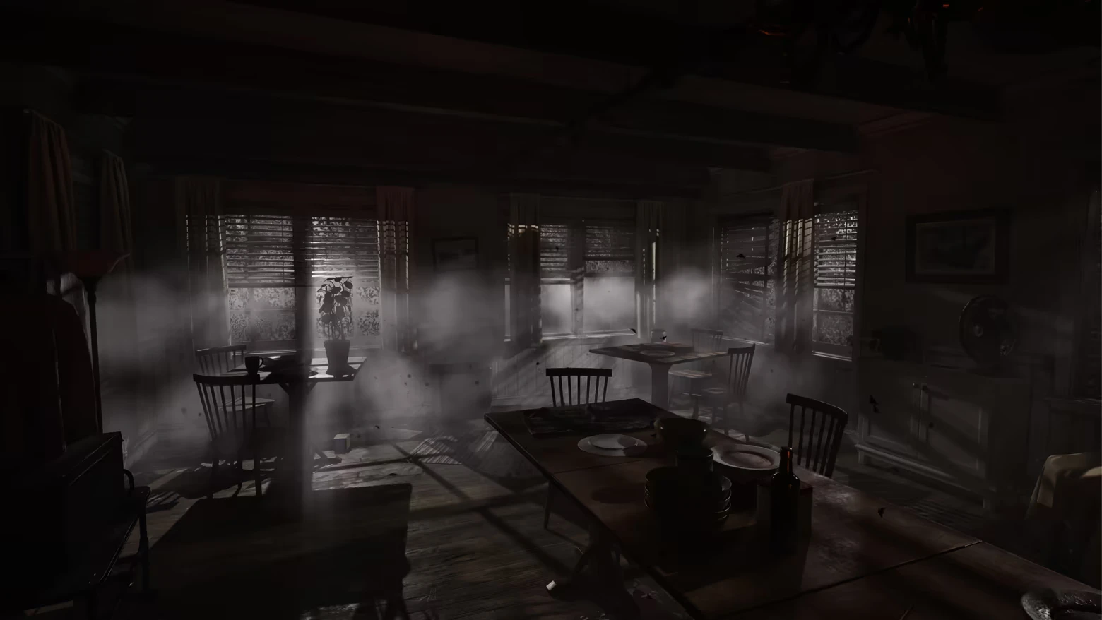 Dusty Dining Room – Paresis® II Paresis® II: Dusty dining room with tables, chairs, plates, and sunlit blinds.