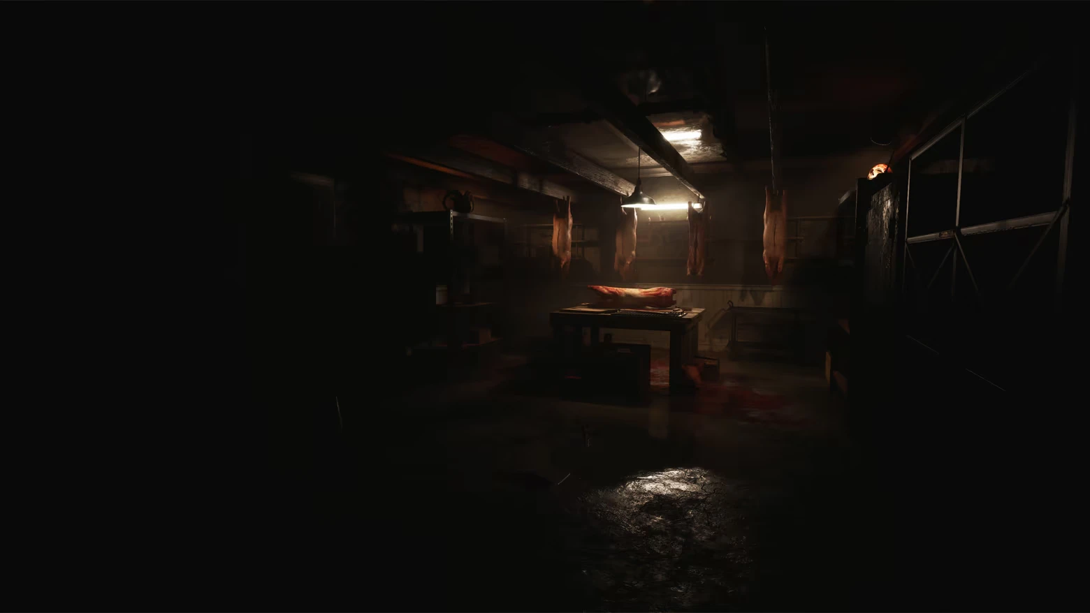 Meat Locker Room – Paresis® II Paresis® II: Dim butcher room with hanging carcasses and bloodied table under lamp.