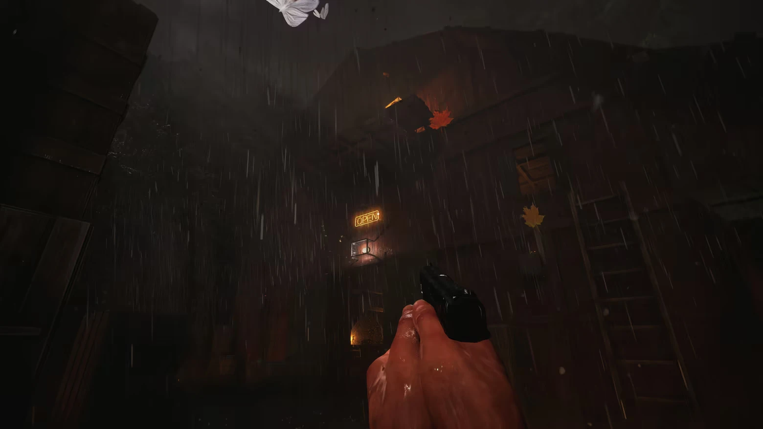 Rainy Alleyway – Paresis® II Paresis® II: Rainy alley view with pistol in hand and glowing OPEN sign overhead.