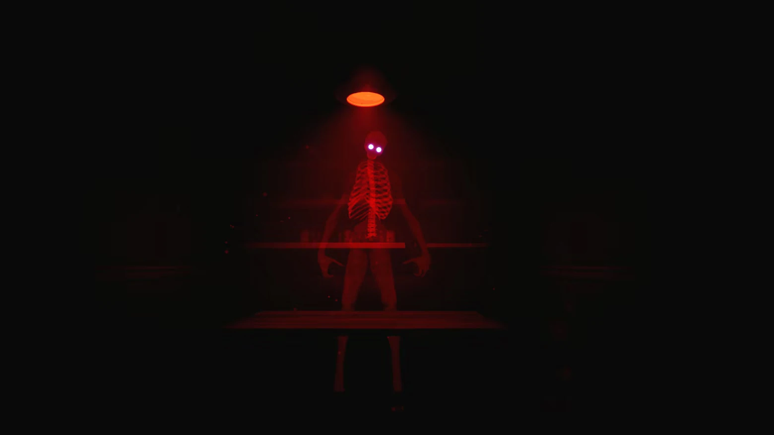 Red Skeleton Entity – Paresis® II Paresis® II: Red-lit skeleton figure with glowing eyes under a ceiling lamp in darkness.