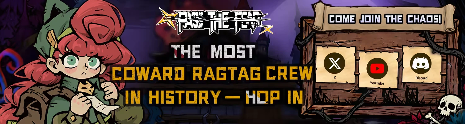 Pass The Fear: Cartoon character with red hair, game logo, bold text, and social media icons.