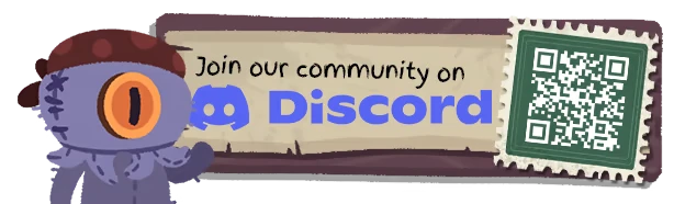 Patchkins Party: Purple stitched character beside “Join our community on Discord” and QR code.