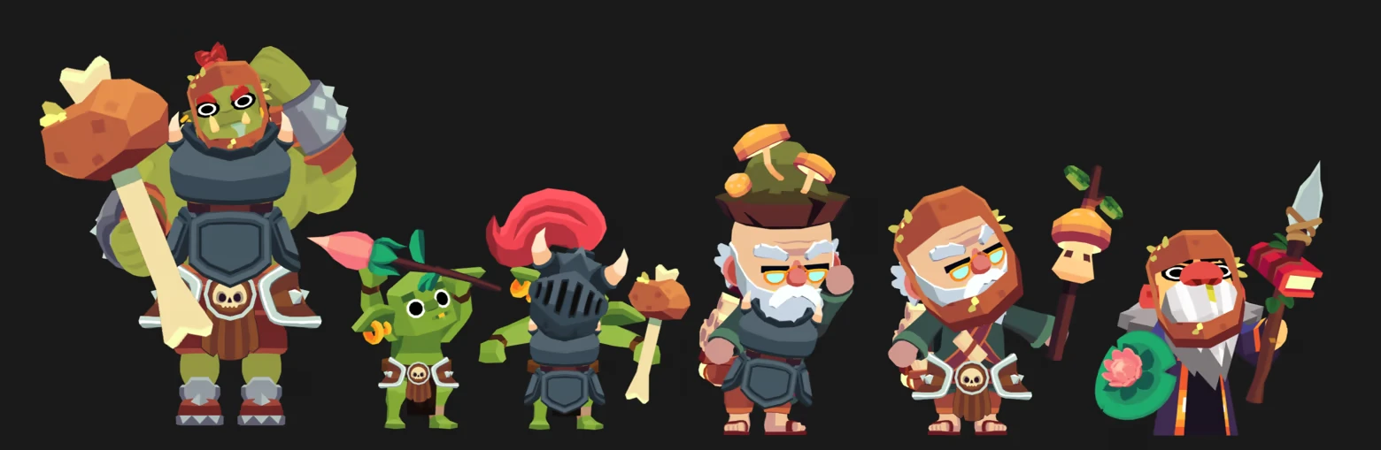 Adventurer Lineup – Peckers Peckers: Six cartoon adventurers, including orcs and bearded dwarves, on black background.