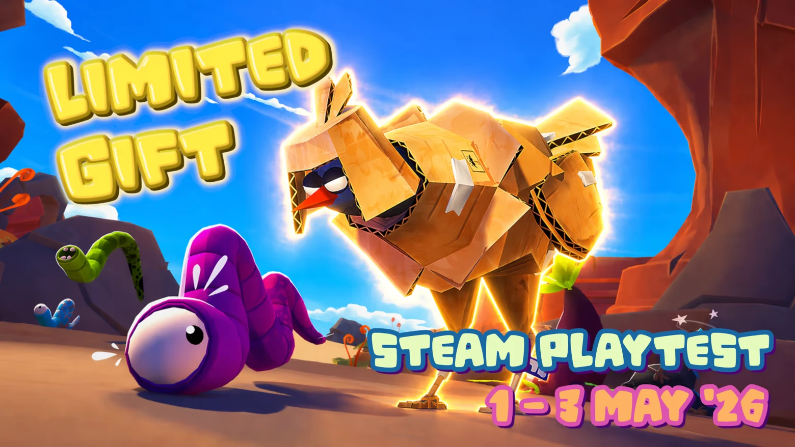 Cardboard Chicken Gift – Pecking Order Pecking Order: Box-covered bird and purple worm; text “LIMITED GIFT” and “STEAM PLAYTEST 1-3 MAY ’26”.