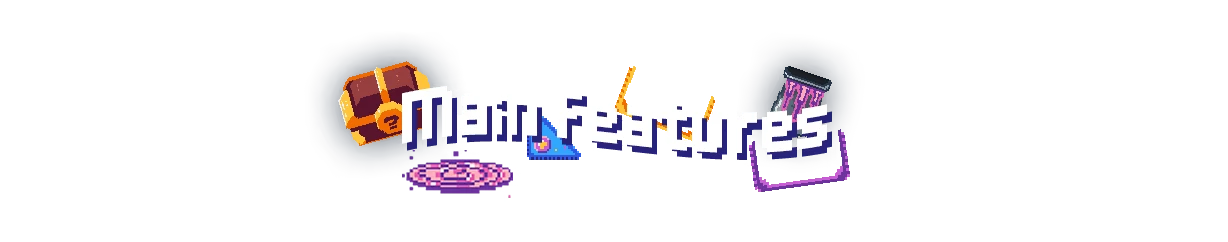 Main Features – Pegfinity Pegfinity: Pixel text “Main Features” with chest, portal, and purple phone icons.
