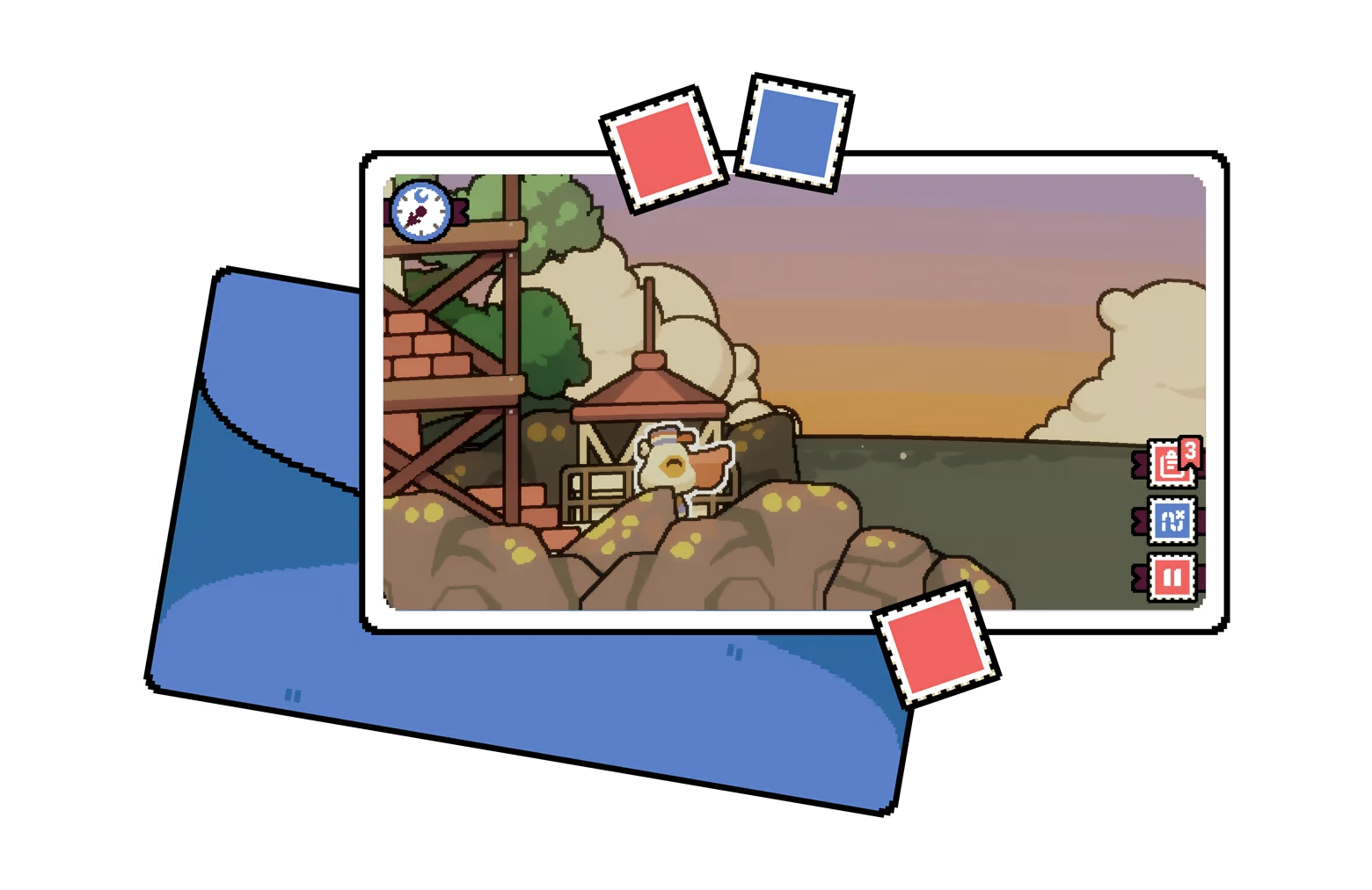 Pelican Post: Screenshot of pelican by lighthouse at sunset; stamp-like UI icons on right.