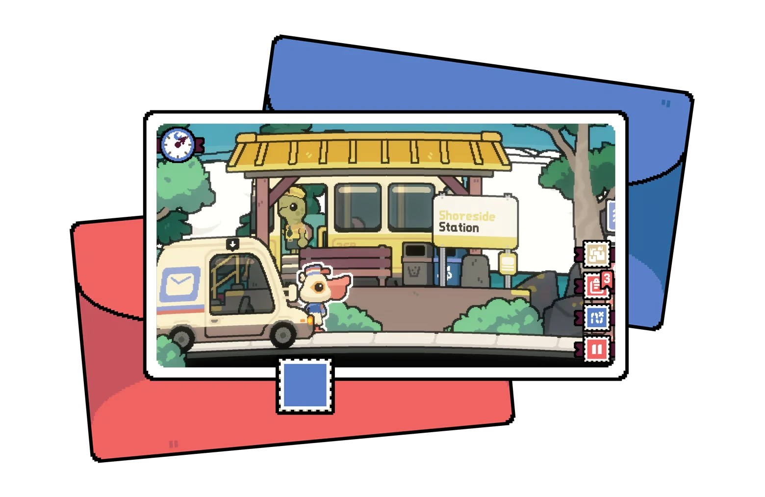 Pelican Post: Bird mail carrier by van at Shoreside Station sign, stamp UI icons right.