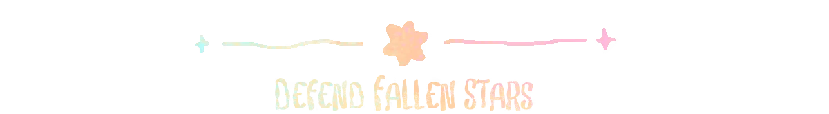 Pelikeeper: Pastel text “DEFEND FALLEN STARS” with stars and a wavy line on black.