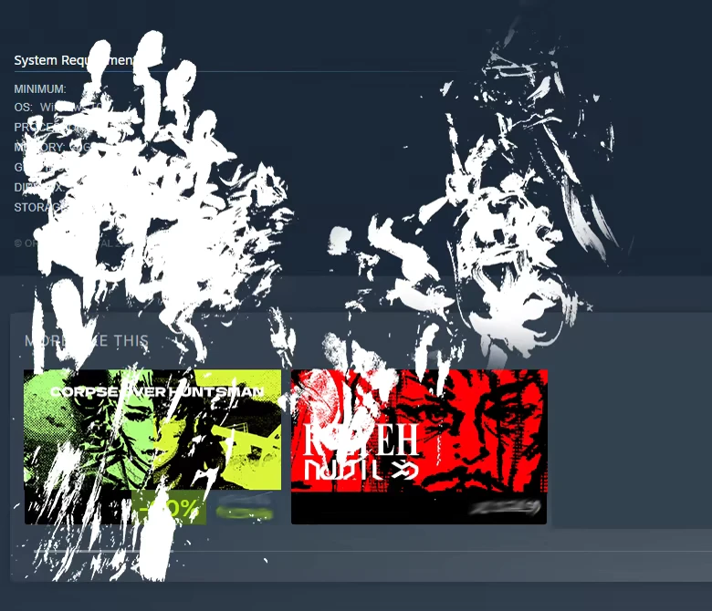 Inkblot Figures – Penguin Colony Penguin Colony: White paint-splatter silhouettes over a dark store page with game tiles below.