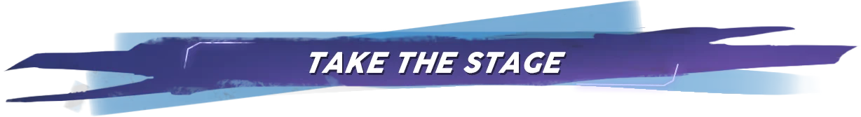 Take the Stage – People of Note People of Note: White italic text “TAKE THE STAGE” on blue-purple brushstroke banner.