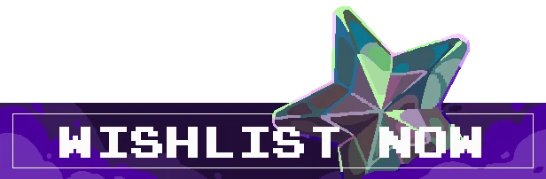 PEPPERED: Pixelated star with "WISHLIST NOW" text in bold, white letters on purple background.