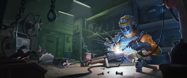 Persist Online: A character in armor welds a weapon in a cluttered workshop with sparks flying.