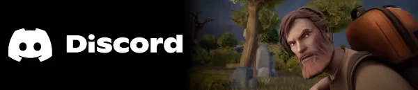 Persist Online: Discord logo on black, character with backpack in forest setting.