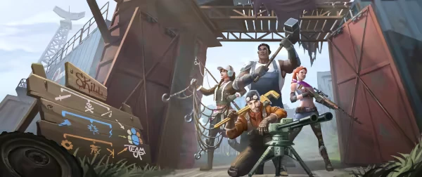 Persist Online: Four armed characters stand ready at a fortified gate with a "Skills" sign.