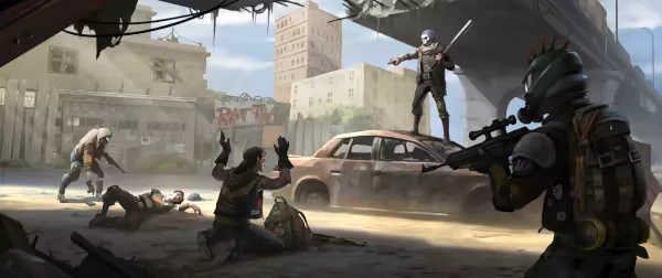 Persist Online: Armed characters confront each other near a rusty car in a desolate urban area.