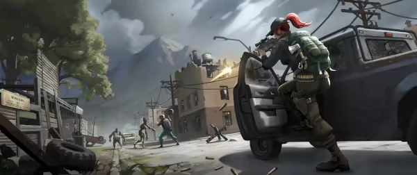 Persist Online: Character with rifle aims from truck as zombies approach in a desolate street.