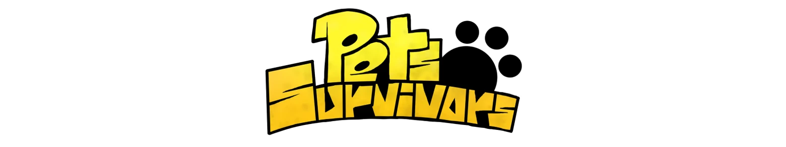 Game Logo – Pets Survivors Pets Survivors: Yellow blocky Pets Survivors logo on black background.
