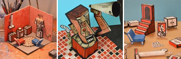 Cardboard Diorama Scene – Phonopolis Phonopolis: Triptych of cardboard dioramas: room, megaphone statue, chair and stairs.